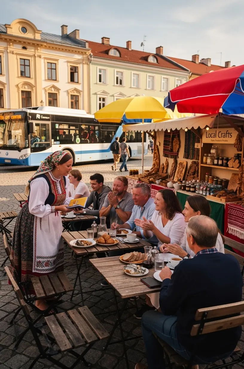 Vilciena kompozīcija, kas pievēršas Rīgas dzelzceļa stacijai, gatava ceļotājiem. Reģionālais autobuss apstājas pie lauku pieturas, apkārt redzama Latvijas ainava. Vēsturiskas pilsētas ielas ar vecām ēkām, kurās redzami tūristi un vietējie iedzīvotāji. Pludmales piekraste ar cilvēkiem, kas izmanto sabiedrisko transportu, lai nokļūtu pie jūras. Dabas taka mežā netālu no reģionālās autobusu pieturas, kas savieno dabas teritorijas ar pilsētām. Sabiedriskā transporta maršruti kartē, uzsvērti savienojumi starp Rīgu un piekrastes vietām. Informācijas stends ar sabiedriskā transporta grafiku un biļešu cenām Latvijas vilcienos un autobusos.