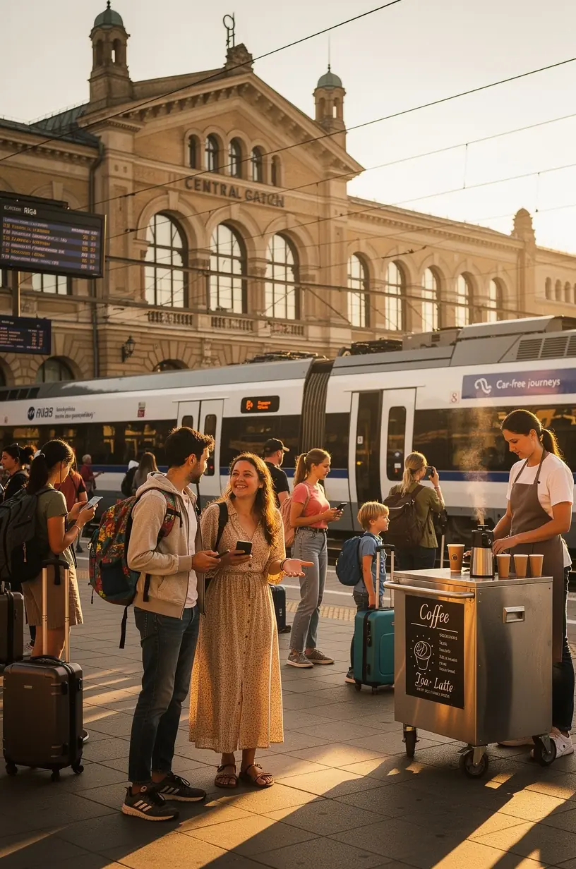 Vilciena kompozīcija, kas pievēršas Rīgas dzelzceļa stacijai, gatava ceļotājiem. Reģionālais autobuss apstājas pie lauku pieturas, apkārt redzama Latvijas ainava. Vēsturiskas pilsētas ielas ar vecām ēkām, kurās redzami tūristi un vietējie iedzīvotāji. Pludmales piekraste ar cilvēkiem, kas izmanto sabiedrisko transportu, lai nokļūtu pie jūras. Dabas taka mežā netālu no reģionālās autobusu pieturas, kas savieno dabas teritorijas ar pilsētām. Sabiedriskā transporta maršruti kartē, uzsvērti savienojumi starp Rīgu un piekrastes vietām. Informācijas stends ar sabiedriskā transporta grafiku un biļešu cenām Latvijas vilcienos un autobusos.