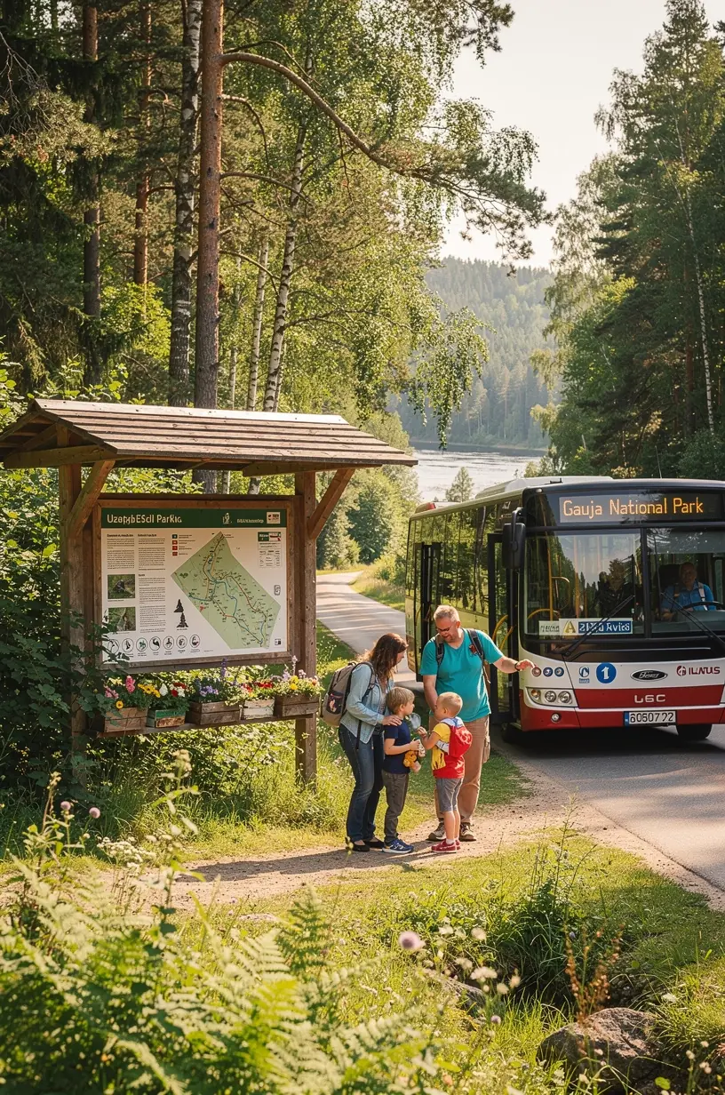 Vilciena kompozīcija, kas pievēršas Rīgas dzelzceļa stacijai, gatava ceļotājiem. Reģionālais autobuss apstājas pie lauku pieturas, apkārt redzama Latvijas ainava. Vēsturiskas pilsētas ielas ar vecām ēkām, kurās redzami tūristi un vietējie iedzīvotāji. Pludmales piekraste ar cilvēkiem, kas izmanto sabiedrisko transportu, lai nokļūtu pie jūras. Dabas taka mežā netālu no reģionālās autobusu pieturas, kas savieno dabas teritorijas ar pilsētām. Sabiedriskā transporta maršruti kartē, uzsvērti savienojumi starp Rīgu un piekrastes vietām. Informācijas stends ar sabiedriskā transporta grafiku un biļešu cenām Latvijas vilcienos un autobusos.