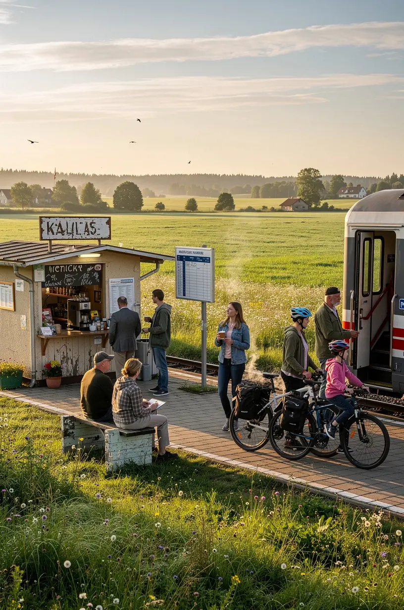 Vilciena kompozīcija, kas pievēršas Rīgas dzelzceļa stacijai, gatava ceļotājiem. Reģionālais autobuss apstājas pie lauku pieturas, apkārt redzama Latvijas ainava. Vēsturiskas pilsētas ielas ar vecām ēkām, kurās redzami tūristi un vietējie iedzīvotāji. Pludmales piekraste ar cilvēkiem, kas izmanto sabiedrisko transportu, lai nokļūtu pie jūras. Dabas taka mežā netālu no reģionālās autobusu pieturas, kas savieno dabas teritorijas ar pilsētām. Sabiedriskā transporta maršruti kartē, uzsvērti savienojumi starp Rīgu un piekrastes vietām. Informācijas stends ar sabiedriskā transporta grafiku un biļešu cenām Latvijas vilcienos un autobusos.